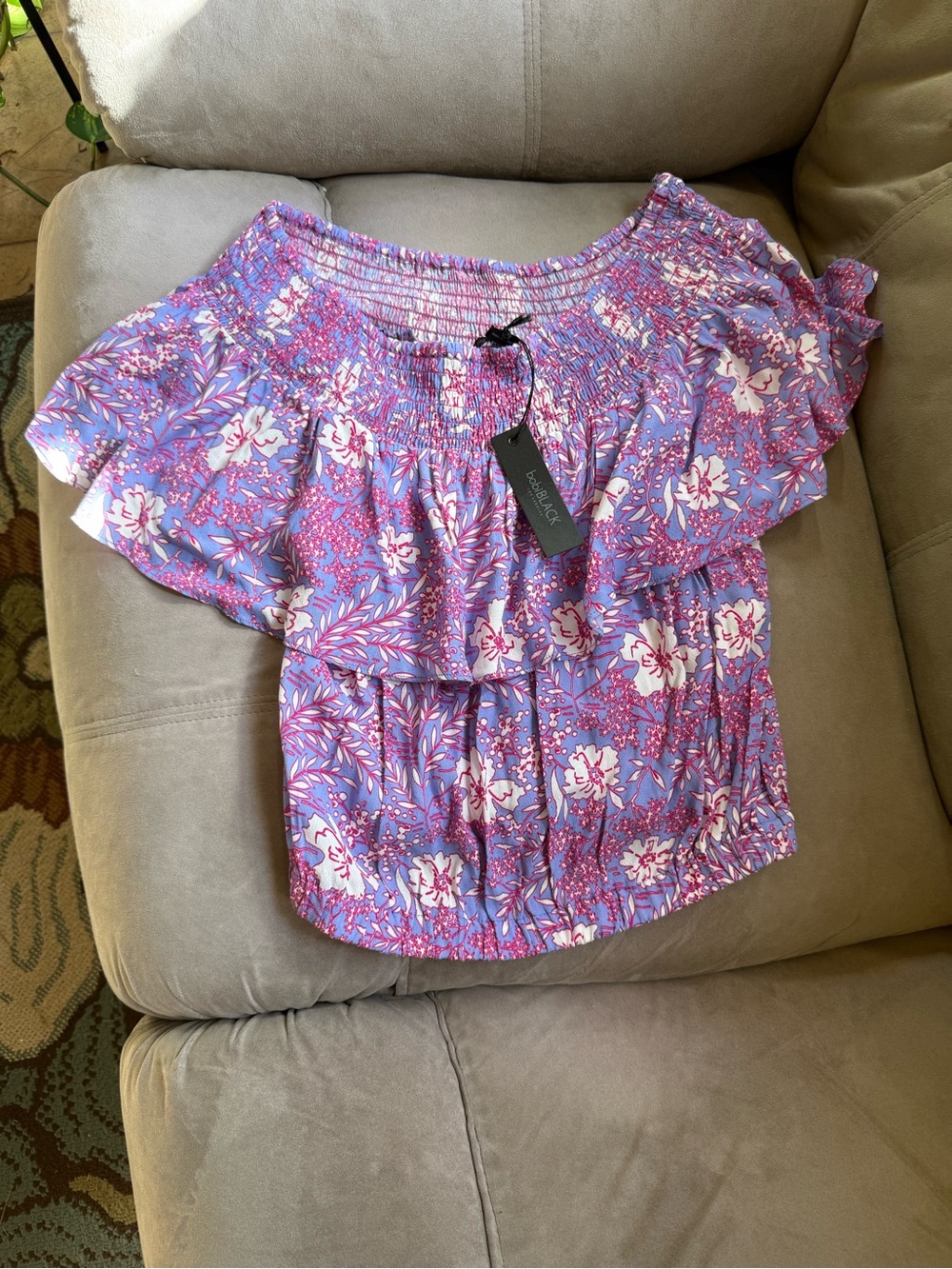 Bobi Black Lilac Floral Off-Shoulder Ruffle Top